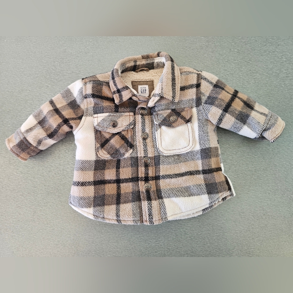 Baby Gap Sherpa Lined Plaid Jacket Shacket Neutral Cozy Winter 0-6 Months - Picture 2 of 7